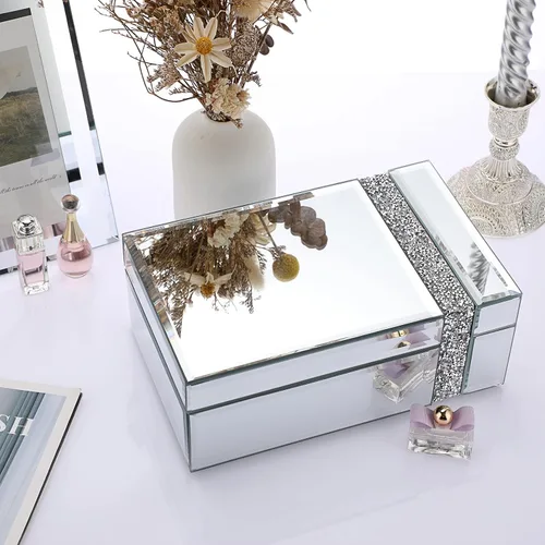 Vista 4 de Hipiwe Joyero de cristal con diamantes de imitación organizador de baratijas con espejo plateado caja decorativa de almacenamiento para mujeres