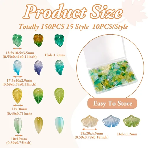 Vista 4 de Pandahall - 150 cuentas de hojas verdes de cristal transparente para árbol de cristal, pequeñas hojas verdes para manualidades, manualidades