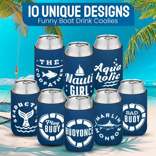 Vista 6 de Paquete de 10 fundas para enfriar latas, recuerdos de fiesta en barco, decoraciones de fiesta náutica, accesorios - divertido enfriador de cerveza