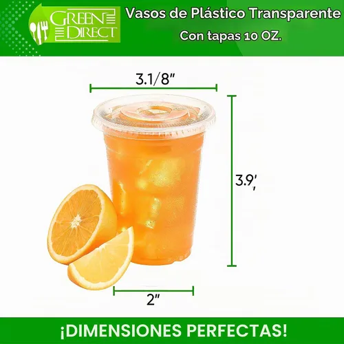 Vista 2 de Green Direct Vasos de plástico ultra transparentes con tapas planas para café helado, batido de té Boba (100, 10 onzas)