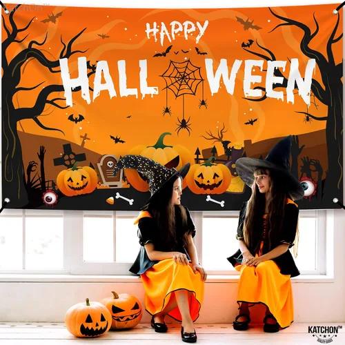 Vista 5 de KatchOn Pancarta extragrande de Feliz Halloween, 72 x 44 pulgadas, telón de fondo espeluznante, decoraciones de fiesta naranja y negro, pancarta