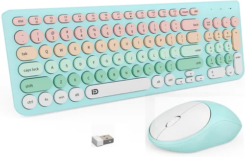 Vista 8 de FD Combo de teclado y mouse inalámbricos, bonito teclado y mouse coloridos con teclado retro inalámbrico de 2.4 GHz, apagado automático, receptor