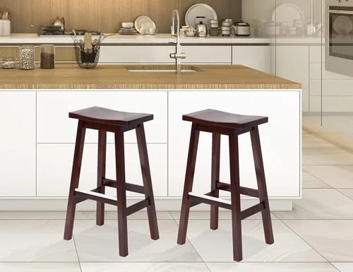 Vista 11 de Juego de 2 taburetes de bar de madera maciza con placas de pie de metal, taburetes modernos sin espalda de 24 pulgadas de altura para encimera
