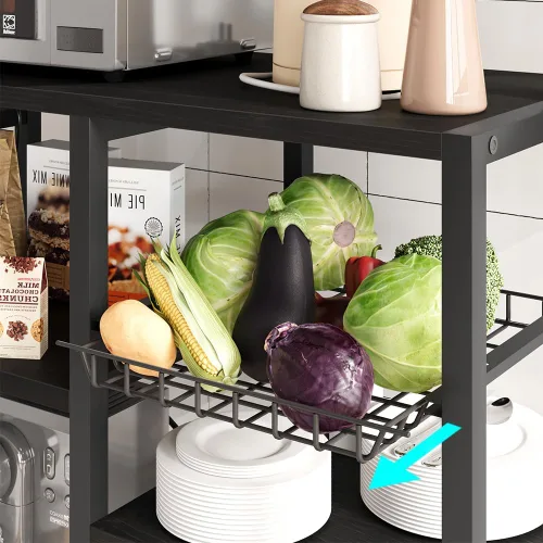 Vista 7 de IDEALHOUSE Estante para panaderos con toma de corriente, barra de café con cajón de alambre, soporte industrial para microondas, mesa de buffet