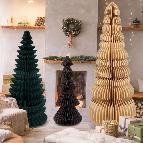 Vista 6 de 3 piezas de árbol de Navidad grande de panal, clásico, beige, verde, marrón