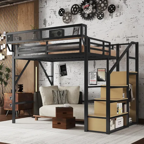 Vista 10 de Mirightone Cama elevada de tamaño completo con escaleras, camas elevadas de metal, estructura de cama elevada con estantes de almacenamiento, cama