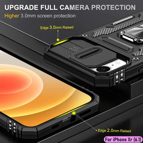 Vista 6 de Funda resistente para Apple iPhone Xr/10R, protección híbrida de goma de doble capa de grado militar con protector de cámara deslizante, soporte