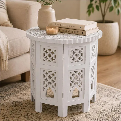 Vista 11 de Mesa auxiliar de madera de mango tallada a mano – Mesa auxiliar redonda de pedestal de 18 x 22 pulgadas para sala de estar, mesita de noche