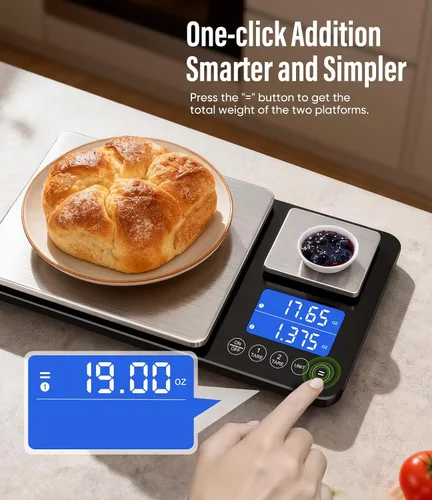 Vista 5 de Digital Dual Platform Kitchen Scale, 33 lb Large & 1.1 lb Mini Food Scale with Dual-Line LCD Display, Stainless Steel, High Precision for Baking