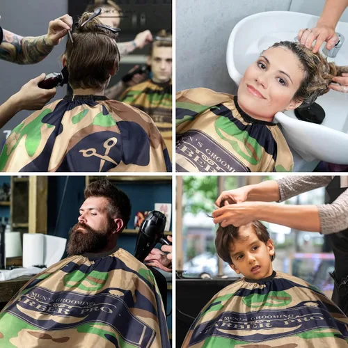 Vista 3 de FEBSNOW Capa de Barbero Impermeable Profesional para Corte de Cabello Cepillo Quitapelusas de Cuello para Corte de Pelo Verde Militar Salón Barba