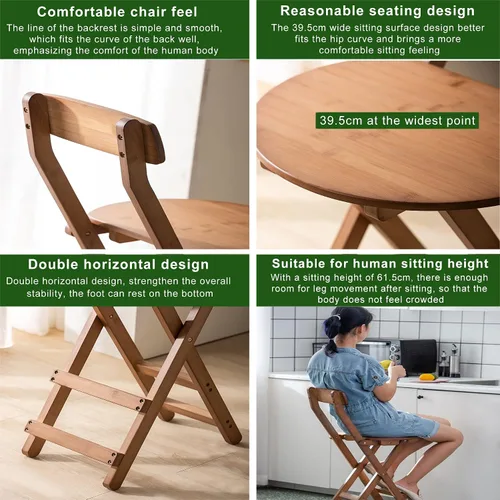 Vista 3 de Taburete plegable de bambú natural, silla de madera plegable portátil, taburete de altura de encimera de cocina con respaldo y reposapiés, taburetes