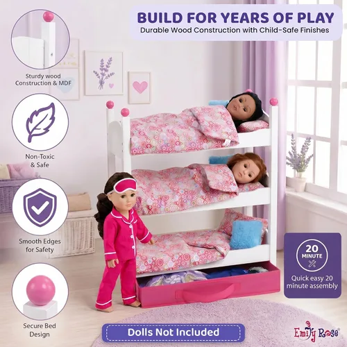 Vista 7 de Emily Rose Muebles para muñecas de 18 pulgadas, 3 camas individuales de madera apilables blancas, litera triple con (3) juegos de ropa de cama