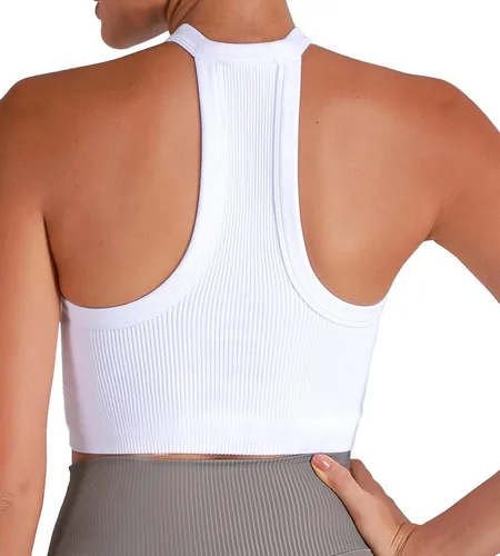 Vista 3 de Sunzel Camiseta sin mangas acanalada para mujer, cuello alto, sin costuras, linda, básica, sin mangas, para entrenamiento, atlética, yoga
