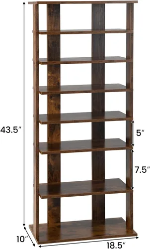 Vista 2 de Tangkula Zapatero vertical de 7 niveles, zapatero patentado de madera de doble fila con dispositivo anticaída, organizador de zapatos estrecho