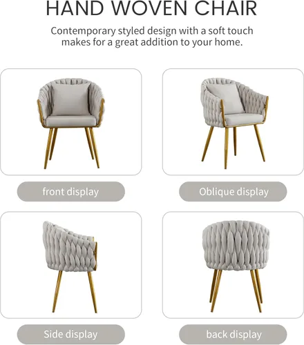 Vista 6 de BOSMILLER Sillas de comedor tejidas, modernas sillas de comedor con patas antideslizantes de metal dorado, respaldo alto curvado, silla de comedor