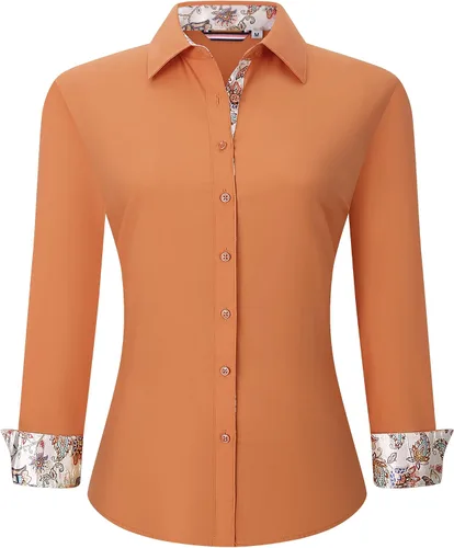 Vista 9 de WARHORSEE Blusas de vestir de manga larga con botones de algodón para mujer, blusas de trabajo elegantes de fácil cuidado, blusas casuales