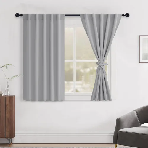 Vista 43 de Hiasan Cortinas opacas negras para dormitorio, cortinas opacas cortas de 45 pulgadas de largo, con aislamiento térmico, bolsillo para barra
