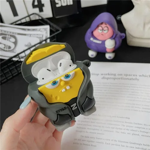 Vista 2 de Funda de silicona ultra gruesa y suave con gancho para llavero para Apple AirPods Pro AirPodsPro 3D de dibujos animados animé gris sudadera