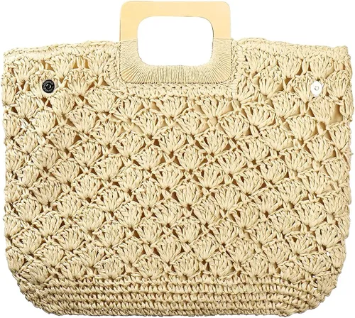 Vista 2 de Bolsa tejida de papel hecha a mano bolsa de playa de bambú para mujer