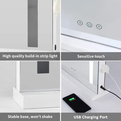 Vista 5 de HOMPEN Espejo de tocador con luces, espejo de maquillaje iluminado para mesa montado en la pared con luces, regulable, 3 modos, tiras de luz LED