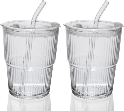 Vista 5 de QWEZXO Vaso de vidrio para café helado de 13 onzas/13.5 fl oz, taza de vidrio de agua de pared gruesa, taza de té con popote y tapa sellada