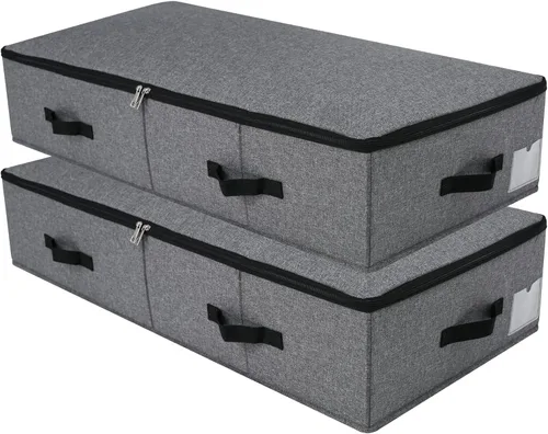 Vista 11 de 2 cajas de almacenamiento plegables debajo de la cama con forro de soporte de plástico, asas, tapa con cremallera, mantas, ropa y edredones