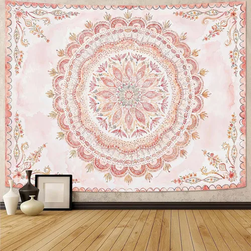 Vista 41 de Fowocu Tapiz bohemio con mandala floral para colgar en la pared, medallón de flores bohemias, tapiz estético, beige, naranja, hippie, indio, pequeño