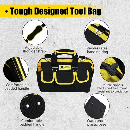 Vista 3 de Bolsas de herramientas de 13 pulgadas con parte inferior suave impermeable, múltiples bolsillos de boca ancha para herramientas con correas