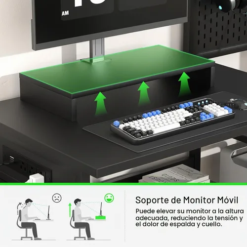 Vista 7 de Escritorio pequeño para juegos con 2 cajones de tela, escritorio reversible para computadora con toma de corriente y luces LED, escritorio