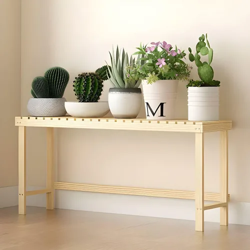 Vista 11 de Soporte rectangular para plantas de madera maciza de 1 nivel, 4 patas, flores, suculentas, rábano verde, de una sola capa, escalera de balcón Marrón