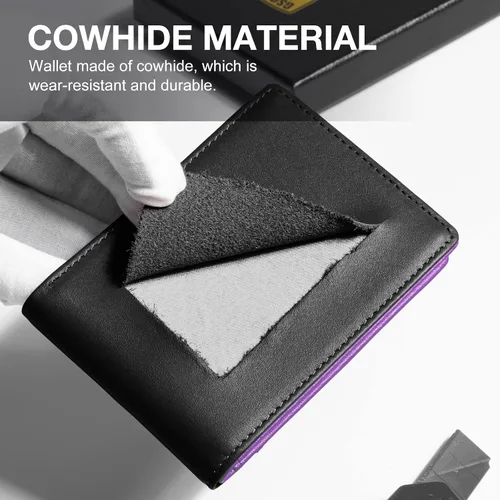 Vista 6 de GSOIAX Billetera delgada para hombre, minimalista, de piel auténtica, fibra de carbono, bloqueo Rfid, doble tarjetero con caja de regalo, Negro