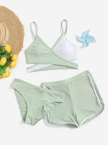 Vista 5 de OYOANGLE Conjunto de bikini de 3 piezas con estampado tropical y pantalones cortos para niña