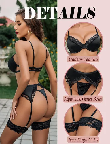 Vista 2 de Avidlove Conjunto de lencería para mujer con aros y bragas, 5 piezas, lencería de encaje satinado con ligueros