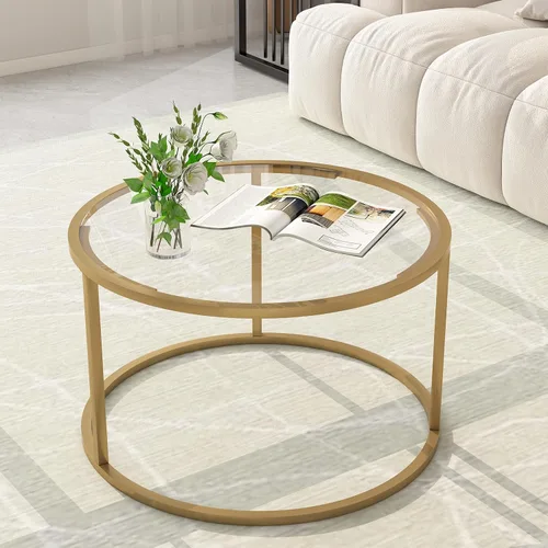 Vista 8 de Mesa de café redonda, pequeña mesa de café negra para sala de estar, mesa central moderna de 27" con tapa de vidrio transparente y marco de metal