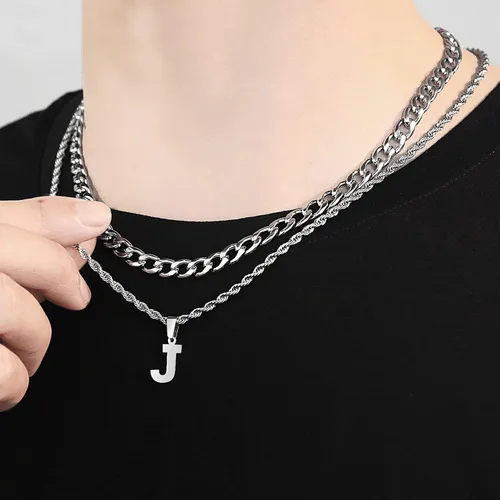 Vista 15 de SENRAN Collar con inicial en capas de la A a la Z para hombre, cadena de cuerda torcida de acero inoxidable de 18 a 20 pulgadas, dije de letra