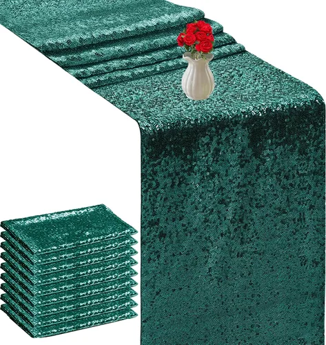Vista 46 de Camino de mesa de lentejuelas de 72 pulgadas de largo, camino de mesa con purpurina verde para fiestas, bodas, novias, 2 piezas, verde