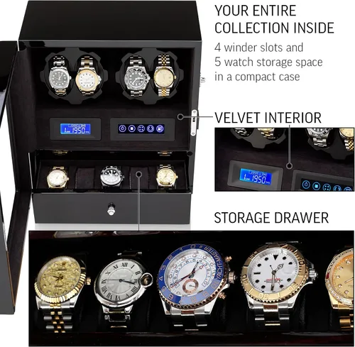 Vista 6 de 4 Watch Winder with 5 Watch Storage Space, LCD Display, Touch Control and Interior Light Negro + Negro