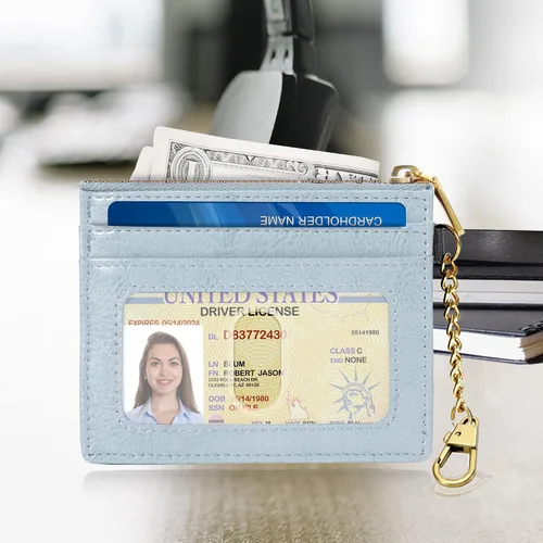 Vista 2 de seavilia Tarjetero para mujeres y hombres con ventana de identificación, Rfid pequeña abeja minimalista cartera delgada, Azul, Minimalista