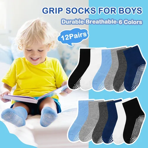Vista 6 de Tphon Calcetines para Niños Pequeños, Calcetines Antideslizantes para Bebés para Niños y Niñas, 12 Pares de Calcetines para Niños Infantes de 6M-10
