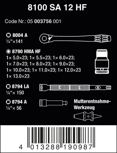Vista 3 de Wera 05003756001 8100 SA 12 HF Zyklop Juego de trinquete metálico con palanca de interruptor, 1/4" accionamiento, métrico, 13 piezas