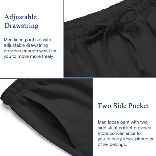 Vista 5 de COOFANDY Conjunto de 2 piezas de lino para hombre, conjunto de camisa y pantalón con botones para la playa