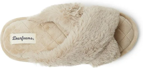 Vista 4 de Dearfoams Jessica - Pantuflas de piel sintética con banda cruzada para mujer