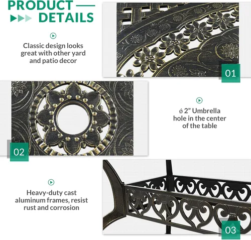 Vista 4 de VIVIJASON Mesa rectangular de comedor para patio al aire libre, mesa de patio grande rústica de aluminio fundido de bronce con agujero para paraguas