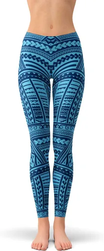 Vista 2 de Satori_Stylez Maori Tattoo Leggings para mujer Ta Moko Tribal Polinesio Estampado Mediados Cintura Azul Pantalones