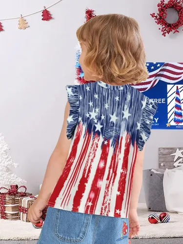 Vista 4 de Camisetas patrióticas para niñas del 4 de julio con volantes y bandera americana, manga corta, color rojo, blanco y azul, con estrellas
