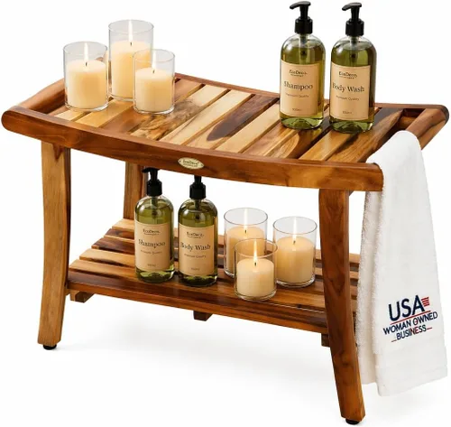 Vista 13 de EcoDecors Banco de teca para ducha de 18 pulgadas, banco de ducha de madera de teca impermeable, asiento de baño con estante, capacidad de 300