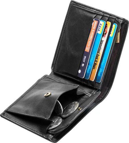 Vista 5 de Billetera plegable de cuero genuino con bloqueo RFID para hombres con cremallera y bolsillo para monedas L