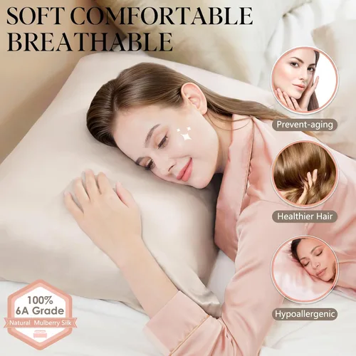 Vista 2 de Funda de almohada de seda 100% pura, 21 mommes, fundas de almohada de seda en ambos lados, tamaño King, Queen, estándar; funda de almohada de seda