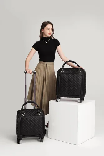 Vista 2 de VH&GRED Maleta de lujo con ruedas universales de 16 pulgadas, ligera, de viaje, pequeña, con costuras de diamante, bolsa de cuero sintético, Negro