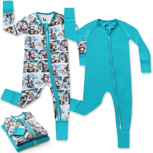Vista 17 de Pijama de viscosa de bambú con cremallera de 2 vías para cambio de pañal, 0 a 24 meses, suave y elástico, paquete de 2 Oso azul